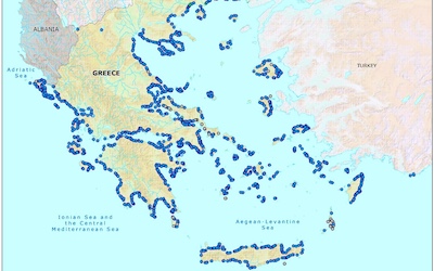 Kaart met meetpunten zwemwaterkwaliteit Griekenland