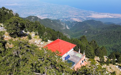 Uitzicht bij Petrostrouga berghut op Mount Olympus