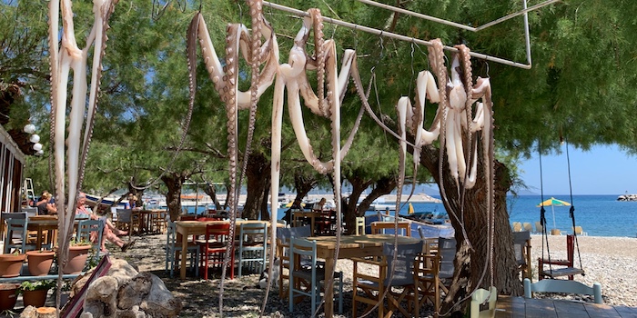 Terras met inktvissen te drogen in Ormos op Samos